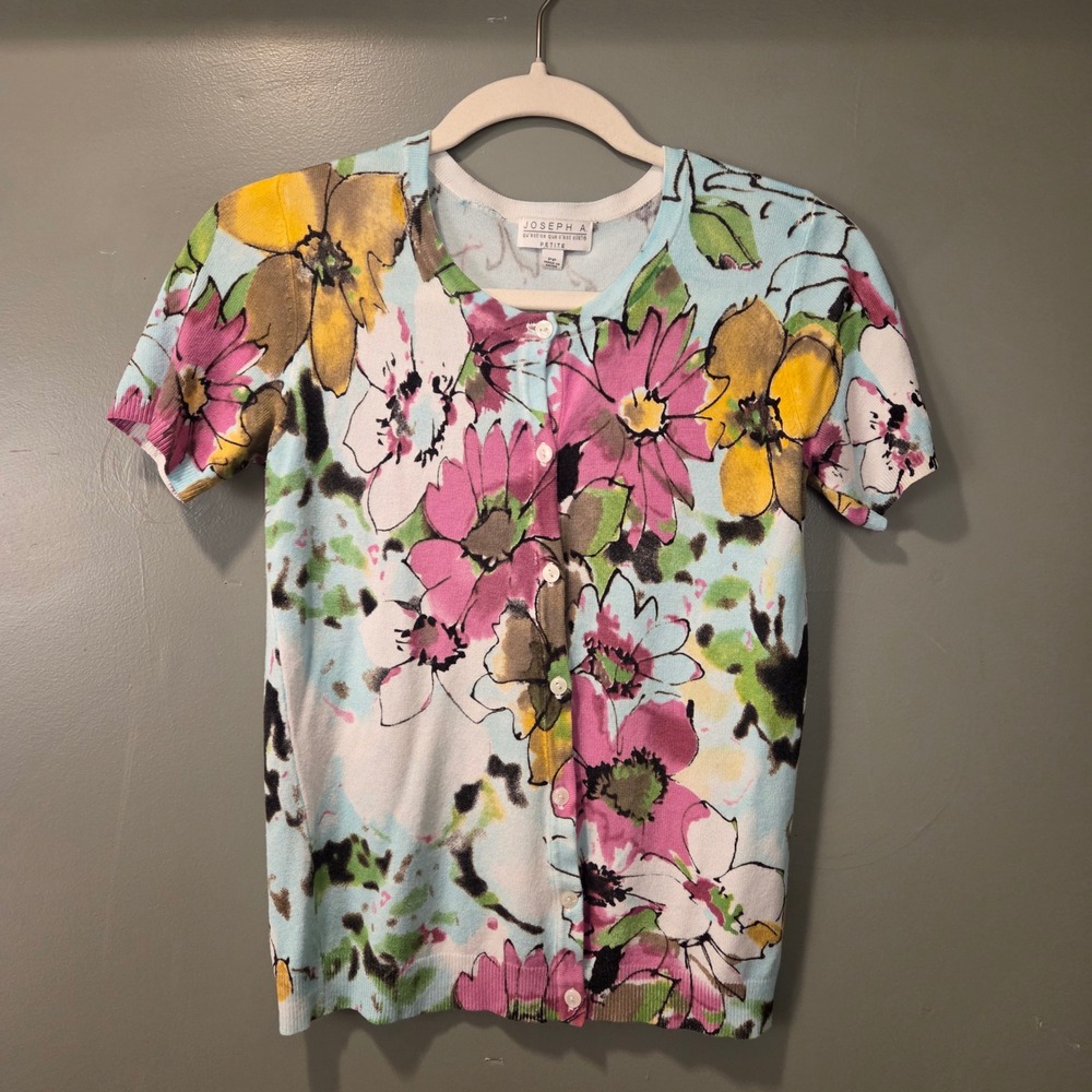 Joseph A Women's Floral Short Sleeve Button Up Cardigan Size S Petite‎
